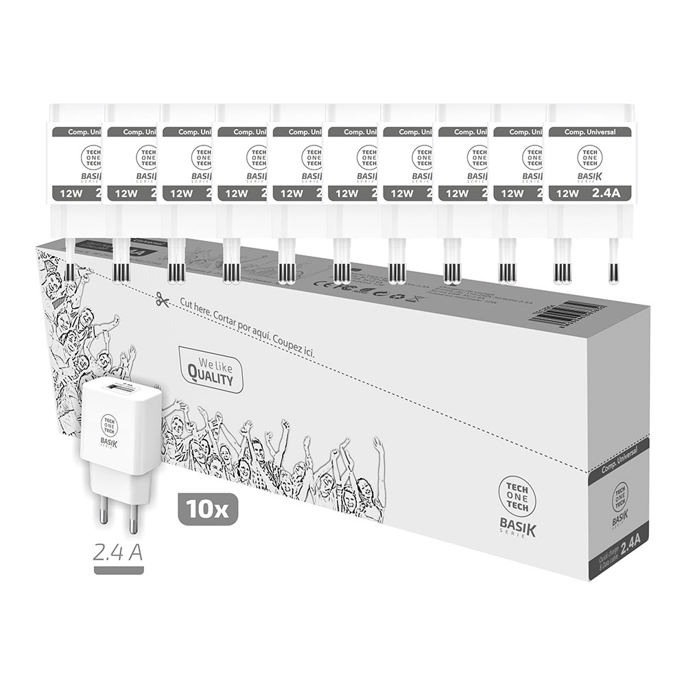 pack-ahorro-10-cargadores-basik-24a-blanc-usb-a-tech-one-tech